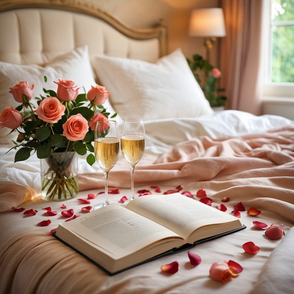 An intimate setting featuring a beautifully arranged bedroom with soft, warm lighting, delicate rose petals scattered across the bed, two champagne glasses clinking, and an open notebook with romantic ideas. In the background, subtle hints of lush greenery and soft draperies create a cozy atmosphere, symbolizing connection beyond digital screens. Inviting and sensual ambiance. super-realistic. vibrant colors. soft focus.