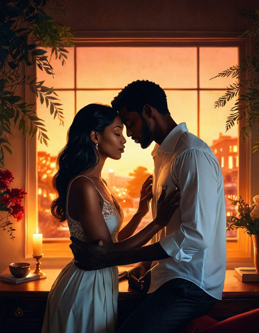 A captivating blend of romance and sensuality, featuring an intimate moment between diverse couples in a softly lit setting, surrounded by artistic representations of adult media icons. Include subtle elements like intertwined hands and whispered secrets in the background, reflecting passion and connection. Vibrant colors and a dreamy atmosphere enhance the emotional depth. elegant illustration. soft focus. romantic tones.